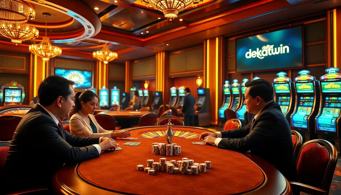 daftar nekatwin players enjoying a lively poker game at an elegant casino table.