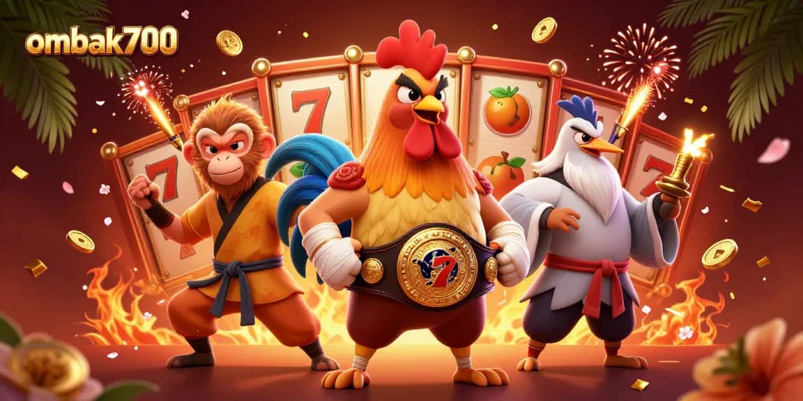 Ombak700 memimpin pertaruhan dengan simbol slot dan karakter unik dalam ilustrasi 3D yang penuh warna.