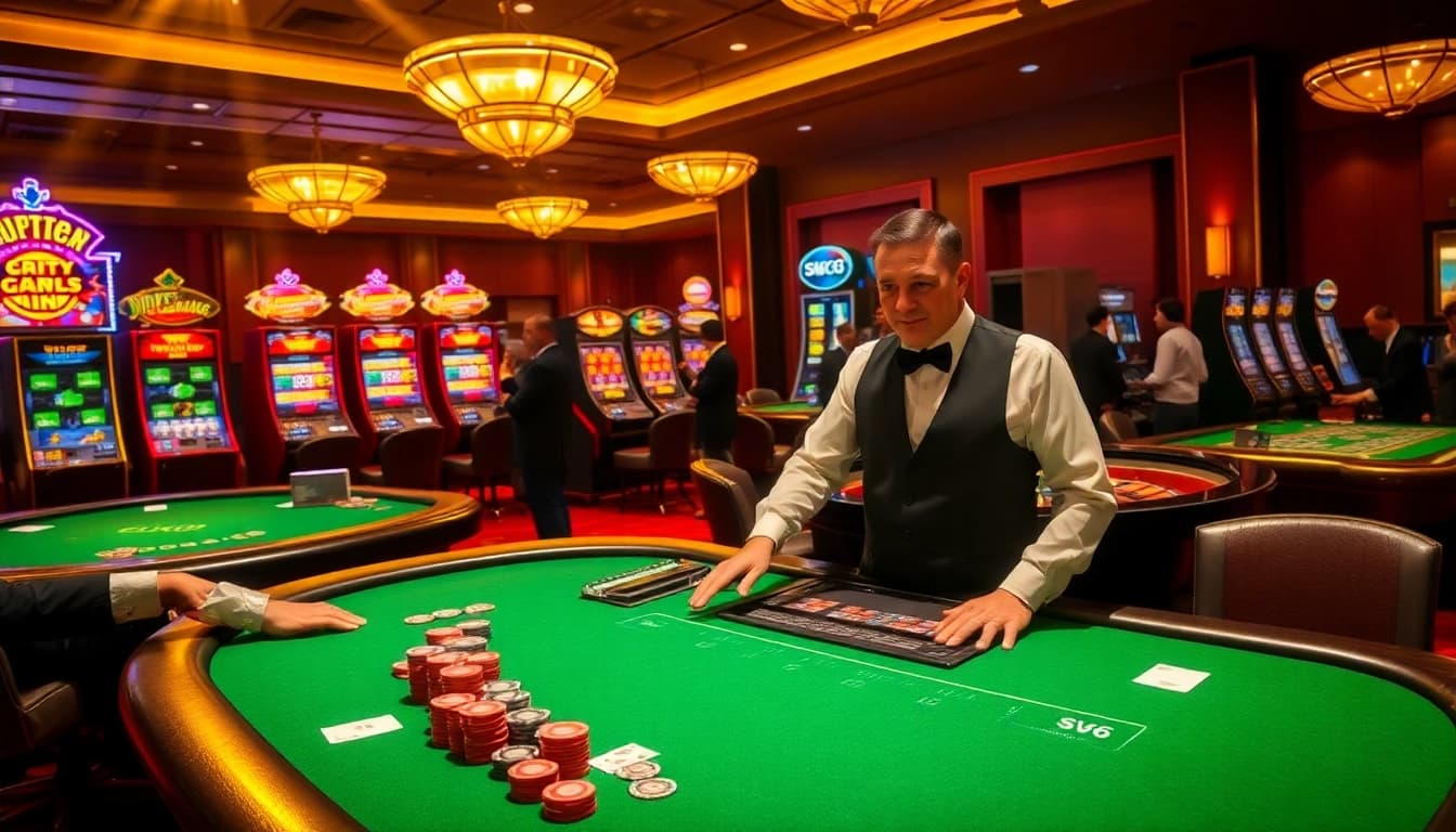 Experience the thrill of gambling at SV66's premium casino tables with dealers and vibrant games.