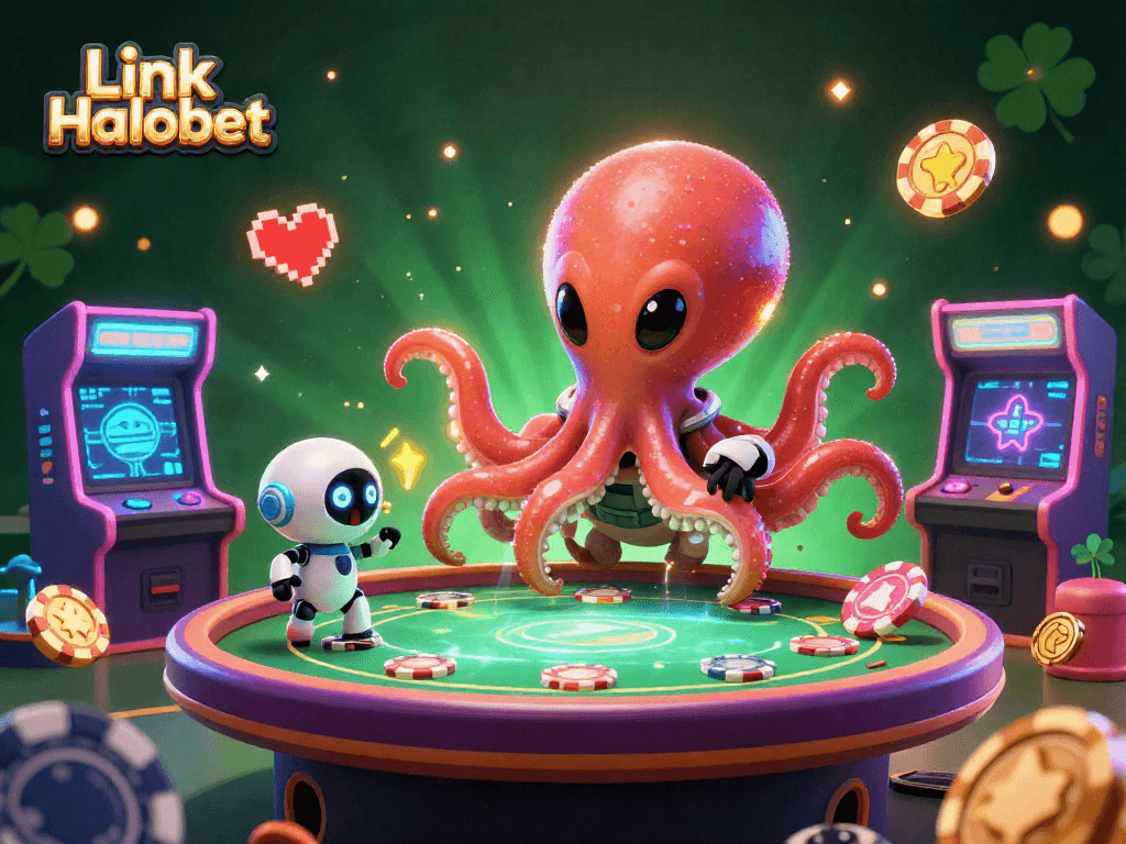 Experience the thrill of gaming with Link Halobet in this vibrant alien casino scene featuring colorful arcade machines.