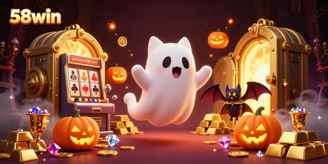Experience the exciting world of 58win with this vibrant casino-themed illustration featuring a ghost cat and bat.