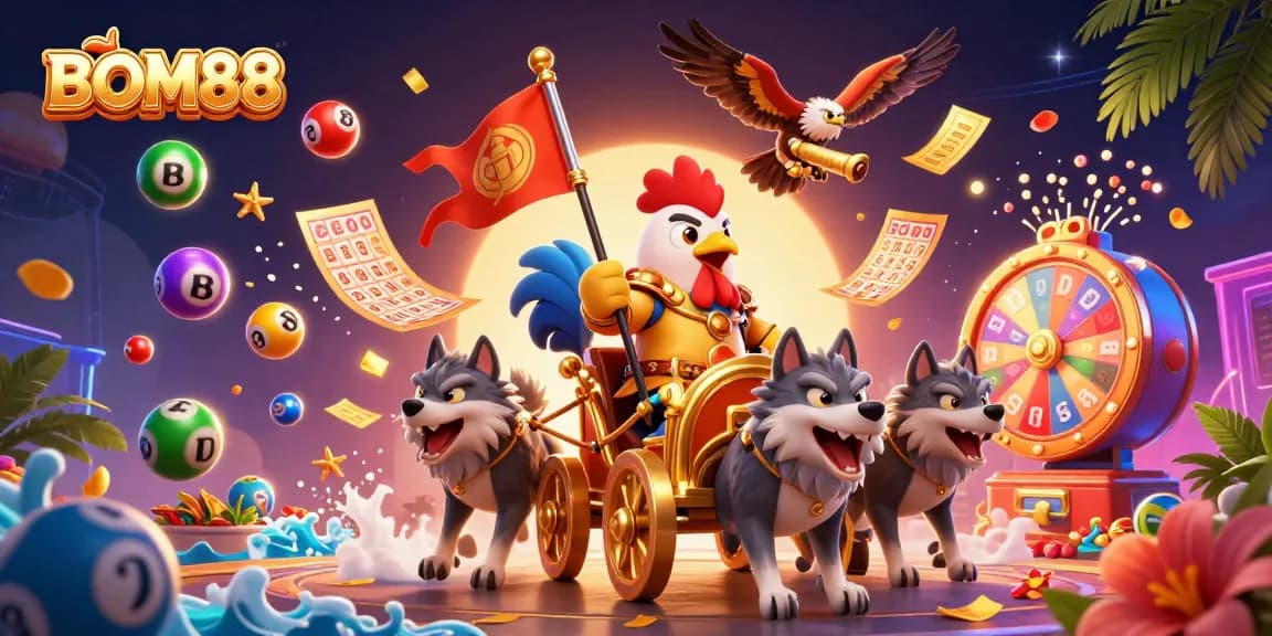 BOM88 showcases a vibrant casino experience with a cartoon rooster warlord in action, surrounded by colorful lottery elements.