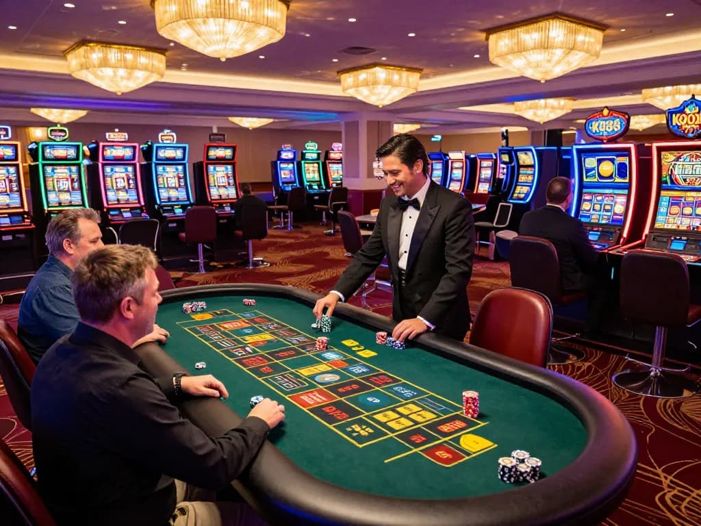 Kp88 players placing bets at a lively roulette table in a Las Vegas casino, vibrant lights and energy