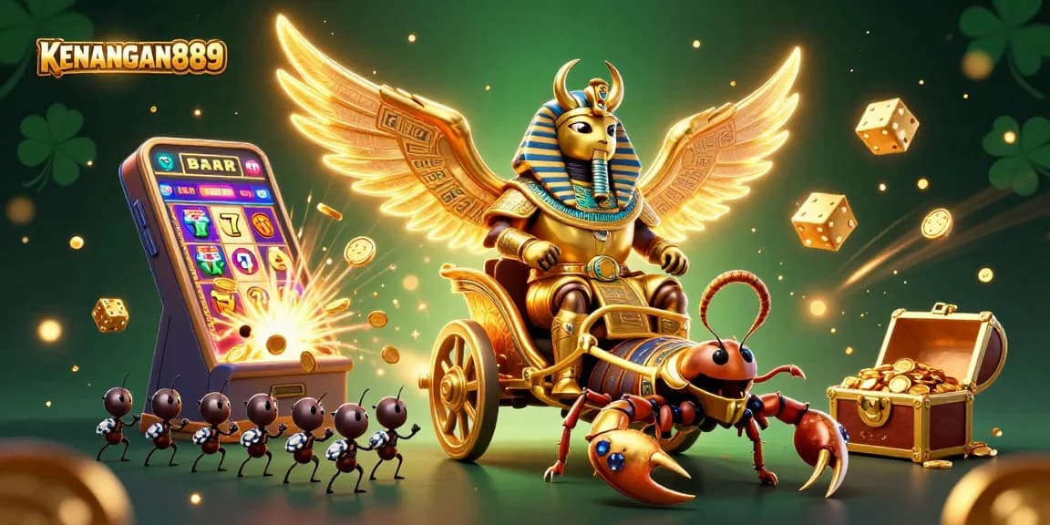 Experience the thrill of KENANGAN889 with a vibrant 3D casino illustration showcasing games and excitement.
