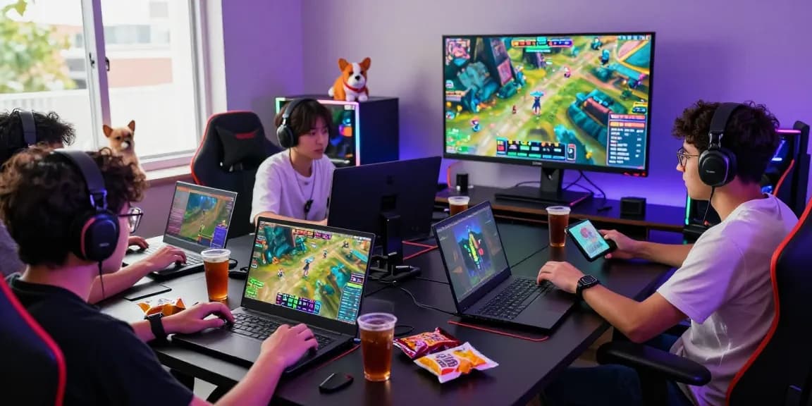 Pemain yang terlibat menikmati MPO1221 di laptop dan smartphone dalam pengaturan gaming yang hidup.
