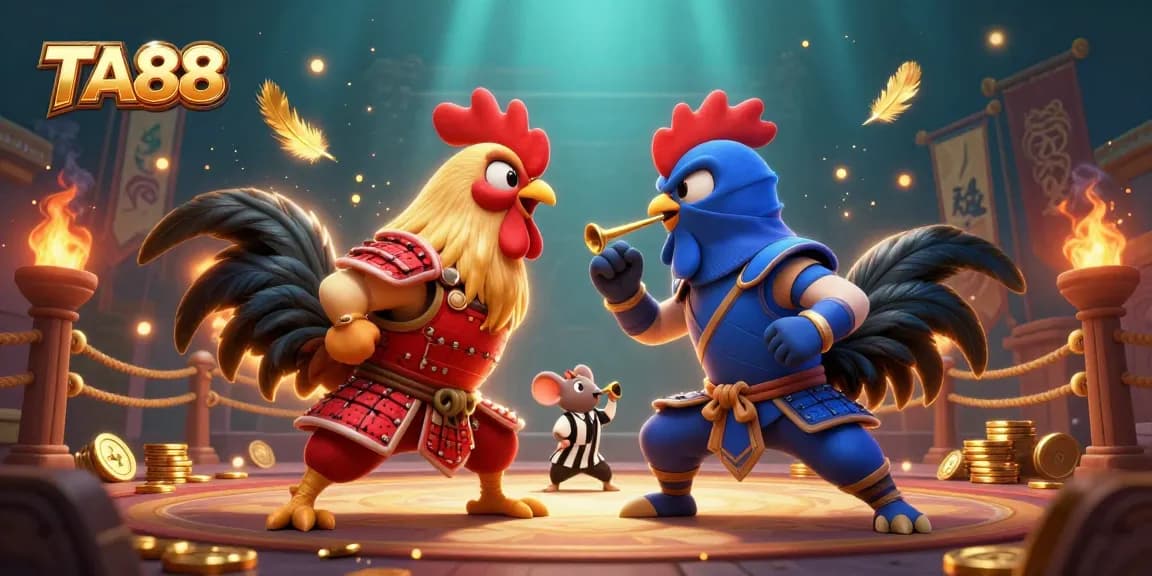 TA88 betters can witness a dynamic rooster showdown in a dazzling casino-themed illustration.