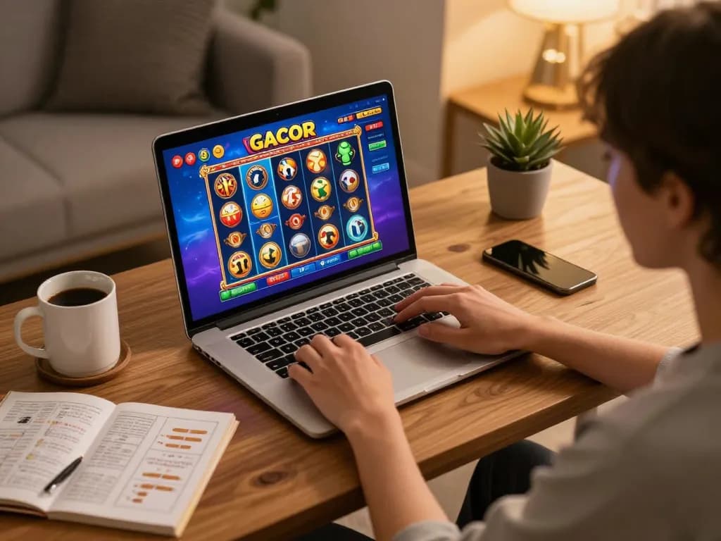Enjoying slot gacor gameplay on a laptop in a cozy home setup with warm lighting