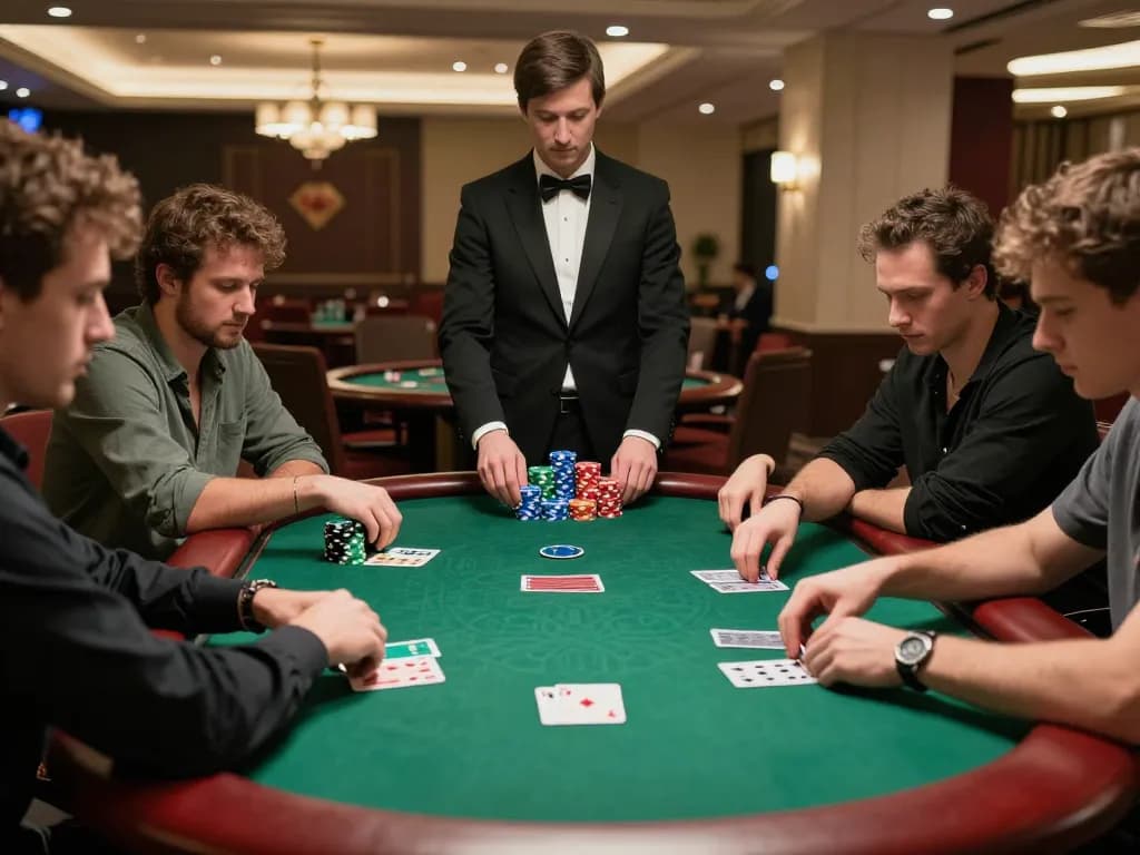 Players experience intense poker action at cm88seo's modern casino table, showcasing strategy and excitement.