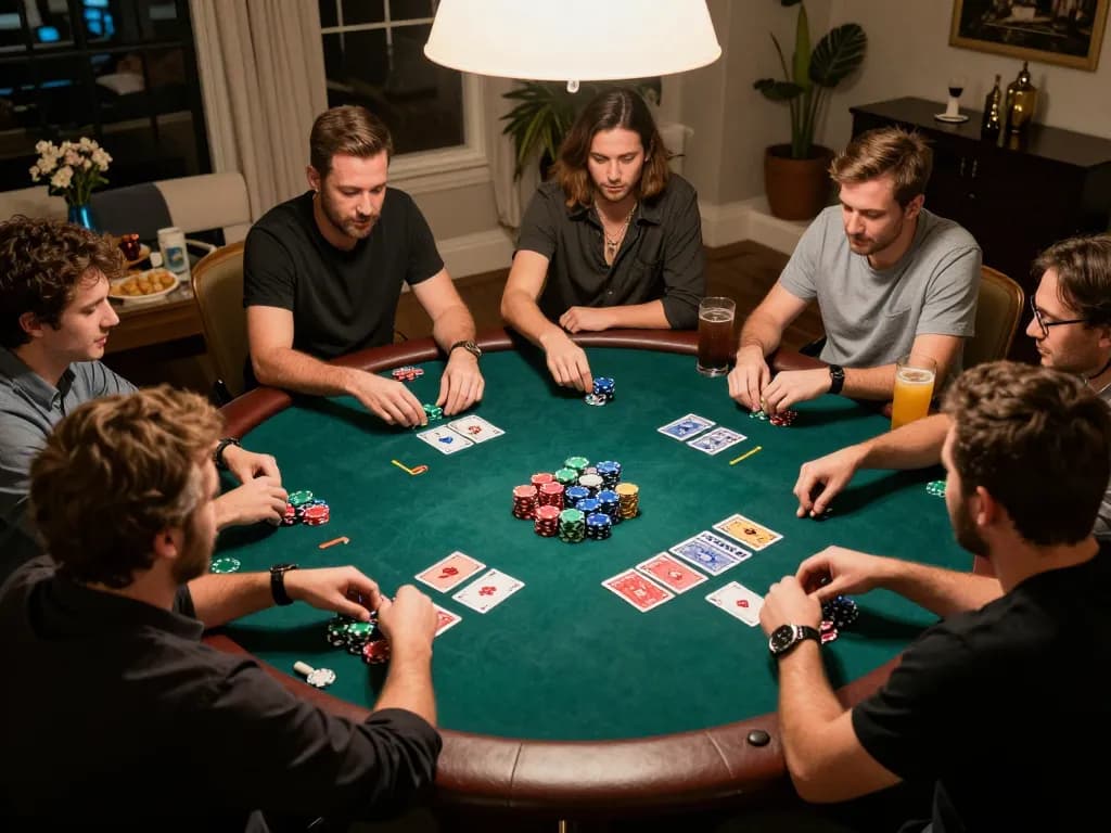 Engaged players enjoying a friendly round of Texas Hold'em poker during a cozy home game night with pp9win.
