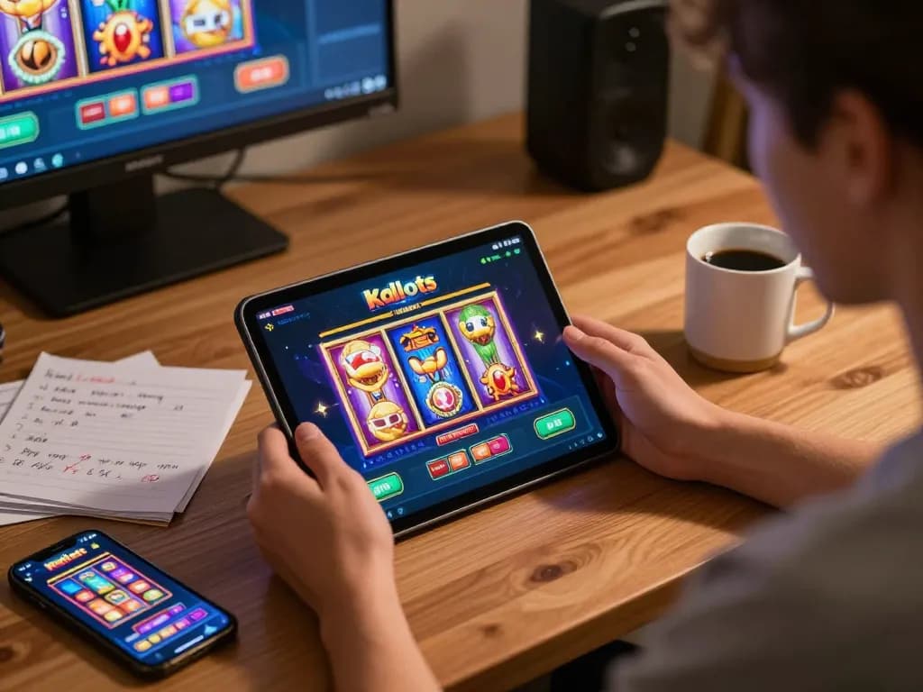 Engaging in online slot games at kdslots with a tablet, showcasing vibrant gameplay