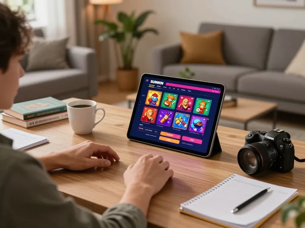 SUNWIN player engaged in exciting online casino game using tablet in a cozy home setting