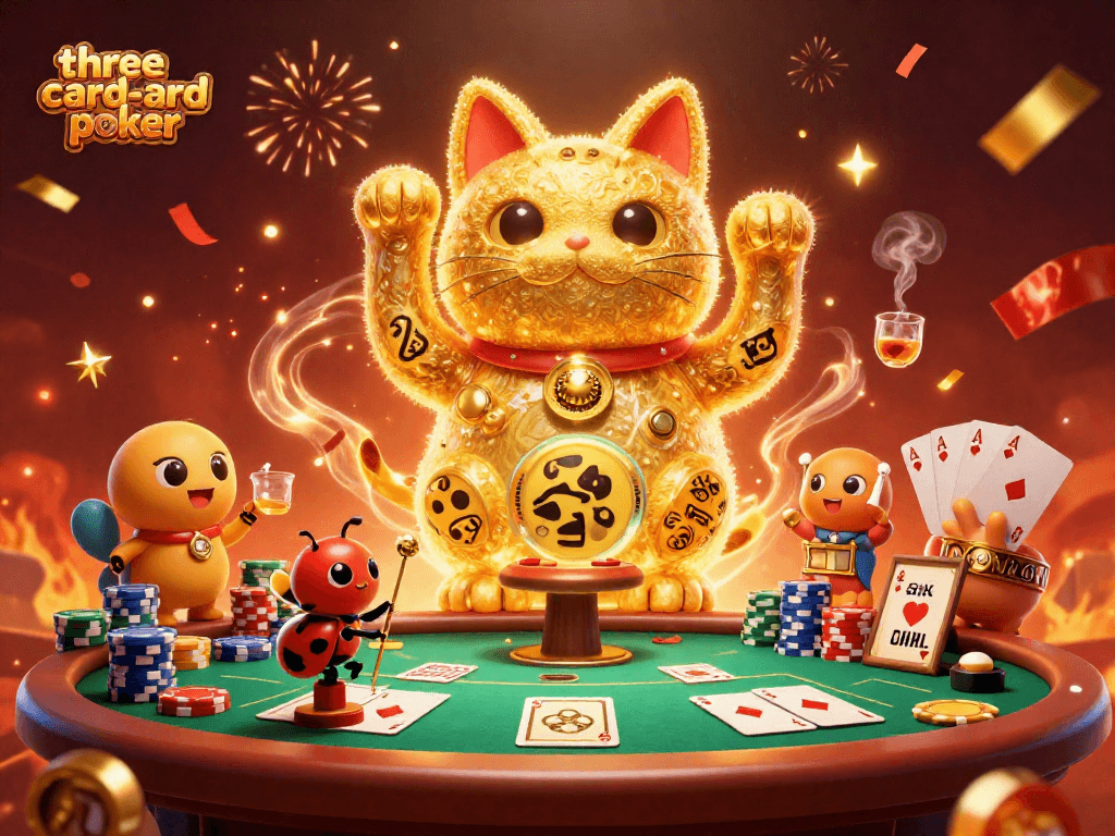 Experience the thrill of three-card-poker with a vibrant illustration of lucky charms and poker symbols.
