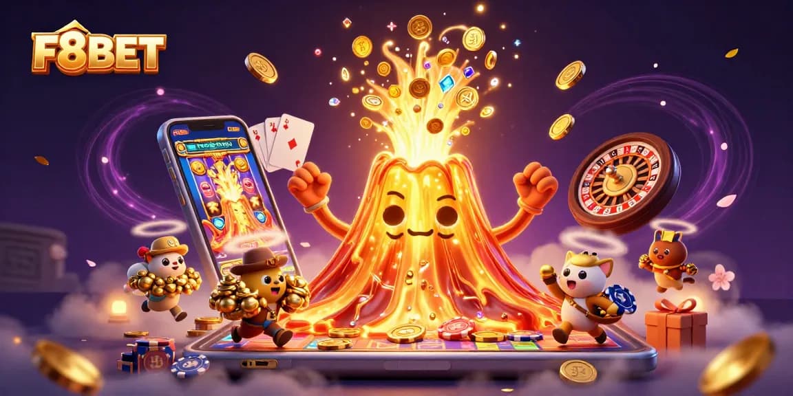 Experience the excitement of F8BET with a golden volcano erupting treasures and casino games.
