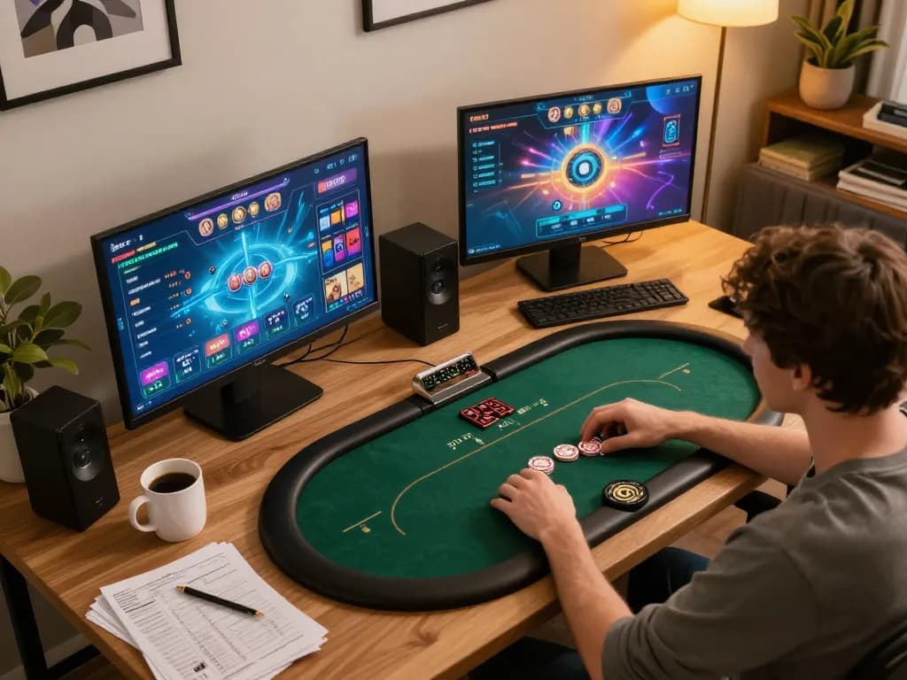 Person engaged in an online poker game showcasing strategic gameplay at 88vv with multiple screens