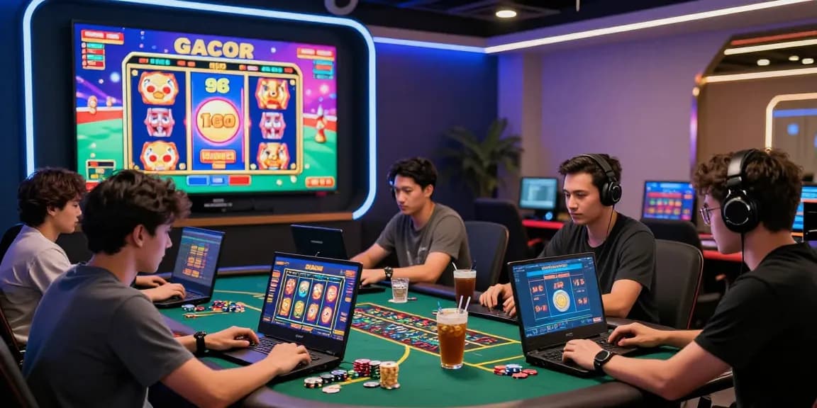 Pengalaman slot gacor di kasino online, teman-teman bersenang-senang dengan chip dan minuman.
