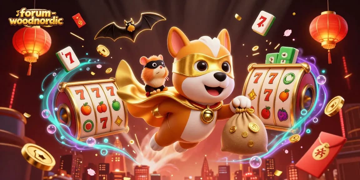Forum-woodnordic hadir dalam ilustrasi 3D dengan anjing superhero terbang membawa koin emas di antara elemen slot yang menarik.