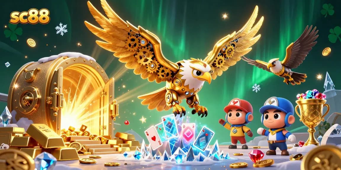 Experience the thrilling world of sc88 as the golden eagle dives through holographic cards, surrounded by treasures.