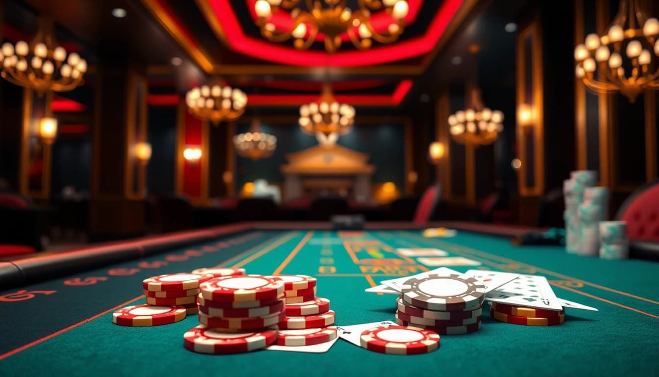 Spiele casinospielen an einem eleganten Tisch mit Chips und Karten im luxuriösen Casino-Umfeld.