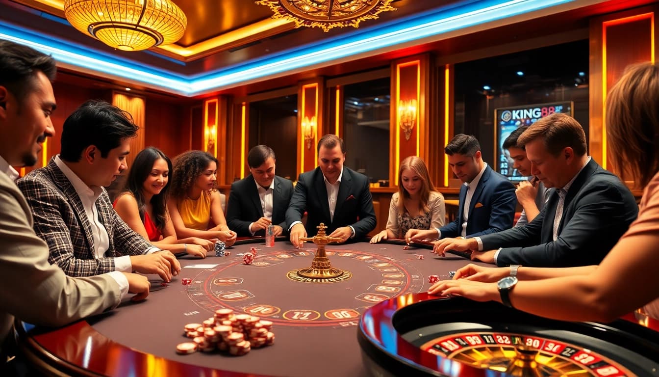 Engaged players at king88 themed casino table with vibrant colors and sleek game elements.