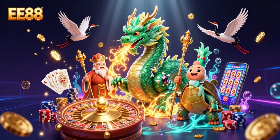 Bet on EE88 with vibrant dragons and lucky cranes amid casino action and celebration.