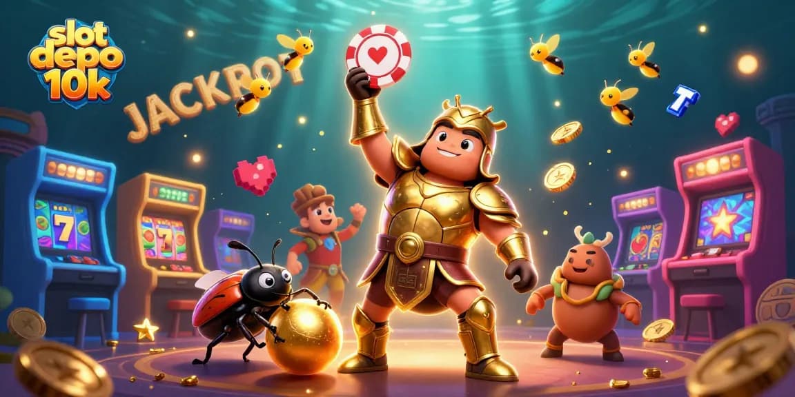 Spin and win at slot depo 10k with a vibrant casino-themed illustration featuring bugs and jackpots.