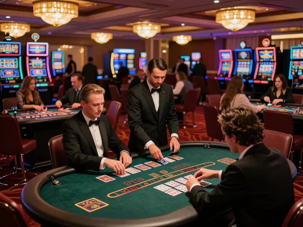 A thrilling blackjack game in progress at kuwin.com, showcasing focused players and elegant dealers amidst a luxurious casino setting.