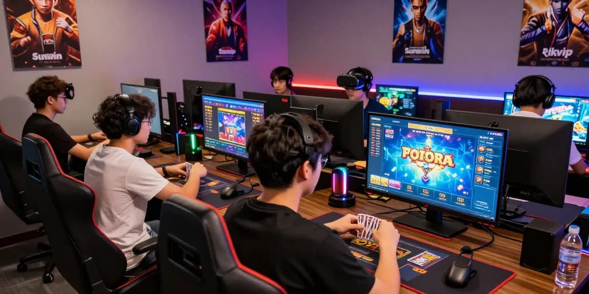 Dynamic online gaming atmosphere with players engaged in game bài đổi thưởng, showcasing excitement and strategy.