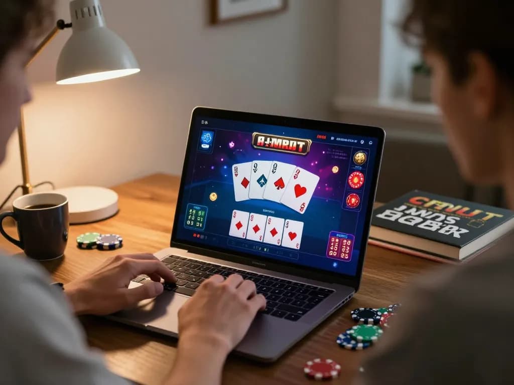 ku88 player engaging in a competitive online poker session at home, focused on screen
