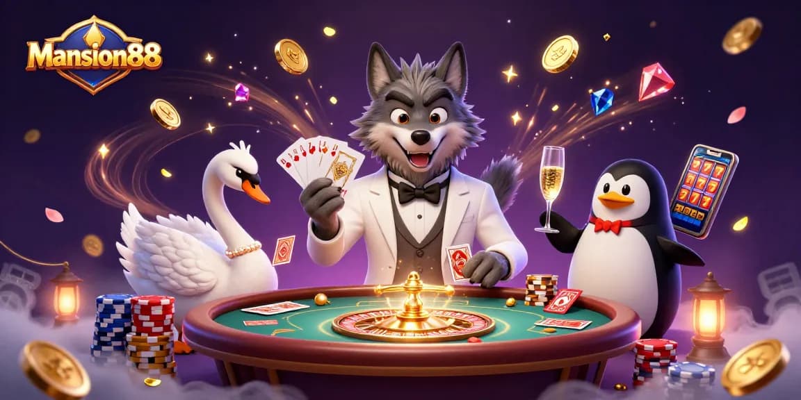 Mansion88 brings excitement alive through a vibrant illustration of a debonair wolf, elegant swan, and sophisticated penguin in a thrilling casino setting.