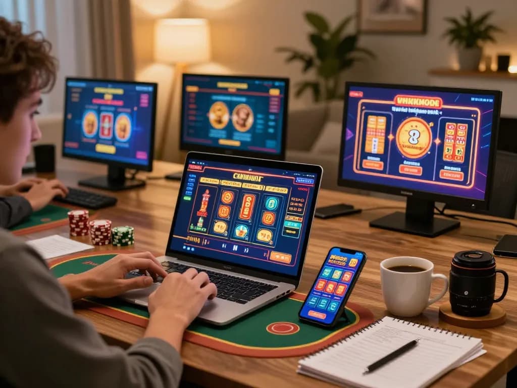 Player exploring 68win's online gaming interface on laptop with strategic notes beside them.