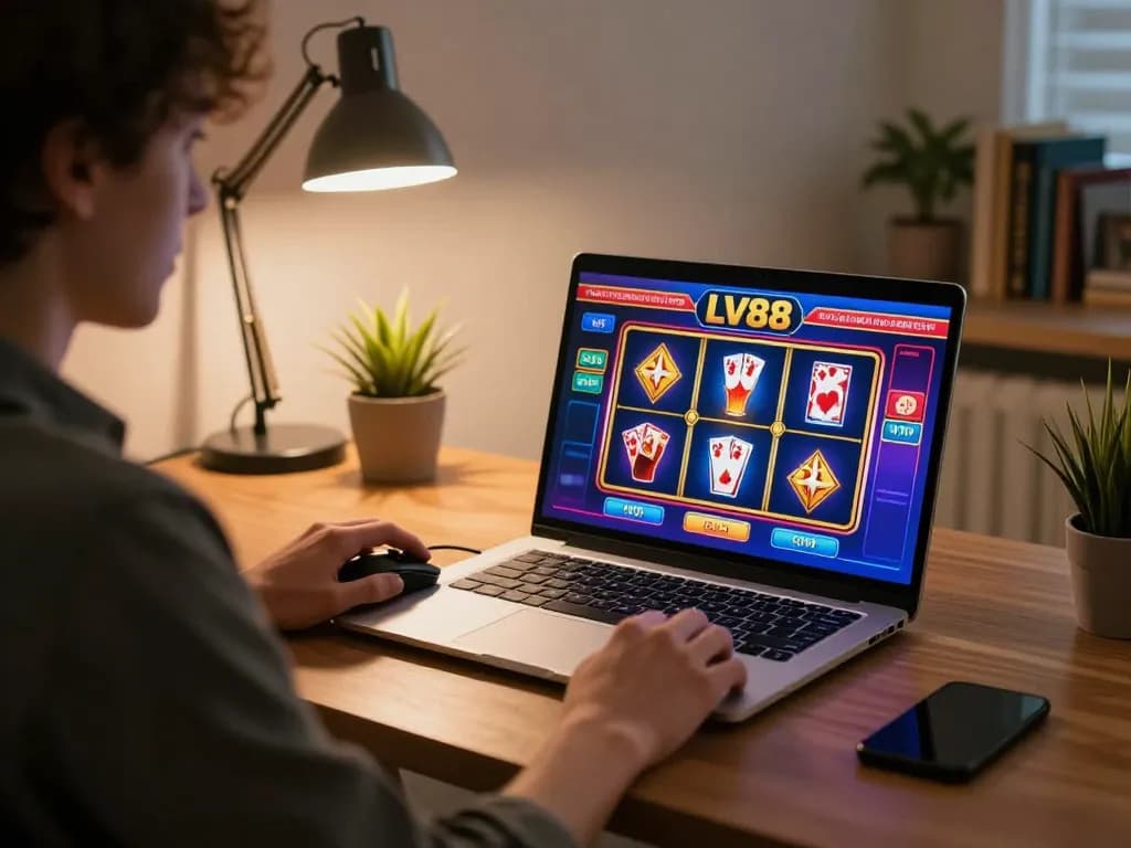 Player strategizing in LV88 online casino from home desk with laptop and notes.