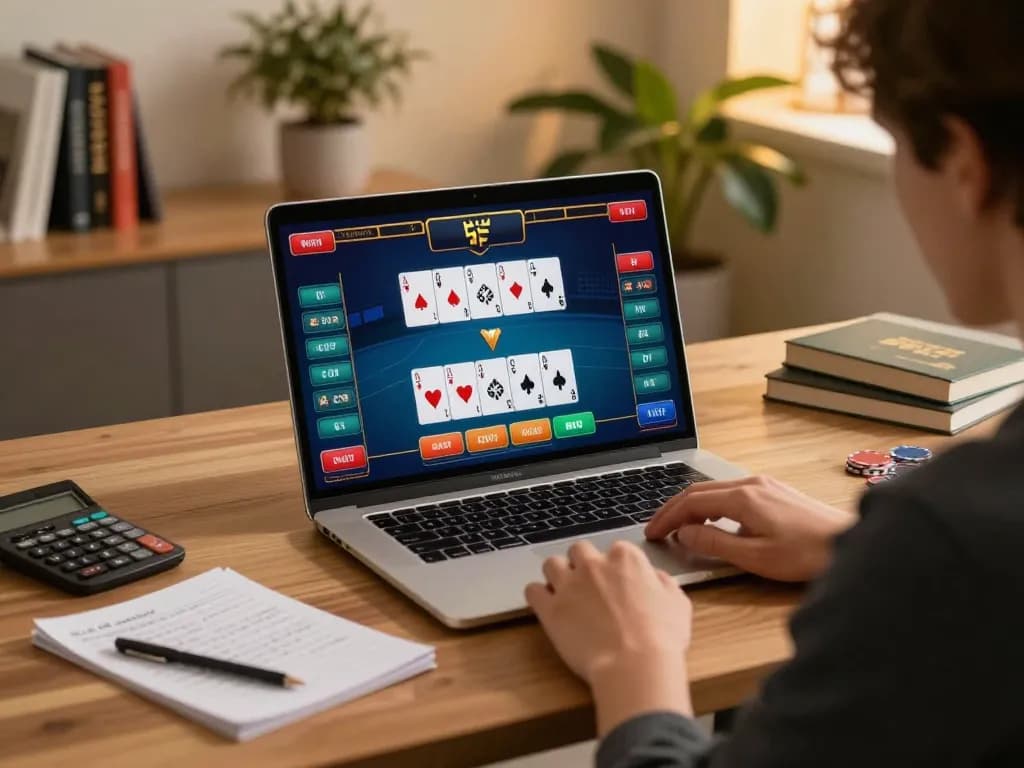 Engaged player enjoying poker on msg777 platform in a cozy home office setting.
