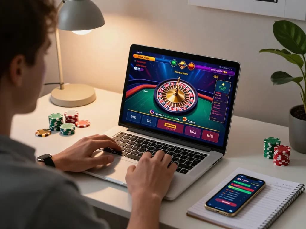 Engaging in a live dealer roulette game at home with ligalgo interface visible on the laptop.