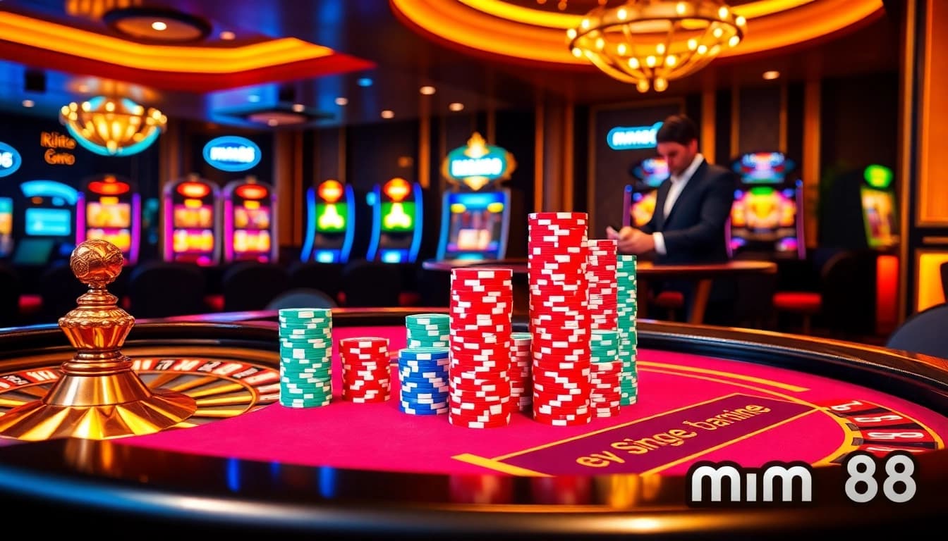 Engaging scene of mm88 casino action with poker chips, roulette wheel, and slot machines.