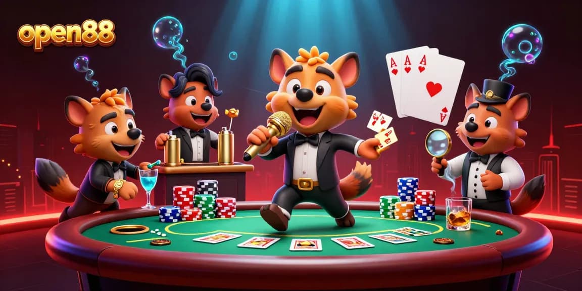 Open88 offers a vibrant casino club experience with hyenas engaging in games, showcasing energy and excitement.