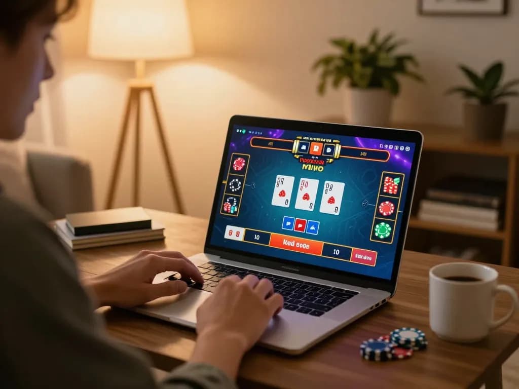 Engaged player at home using laptop for online casino gaming at nhà cái tt88 with vibrant game interface