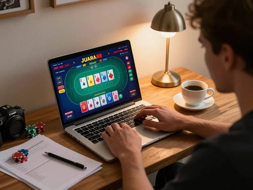 Engaging player enjoying JUARA88 online poker, demonstrating strategic gaming focus.