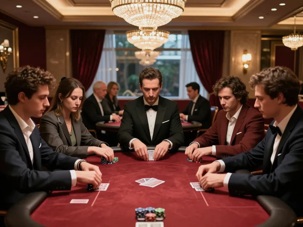 Engaging poker game at tg88 casino, players strategizing with cards and chips, elegant atmosphere