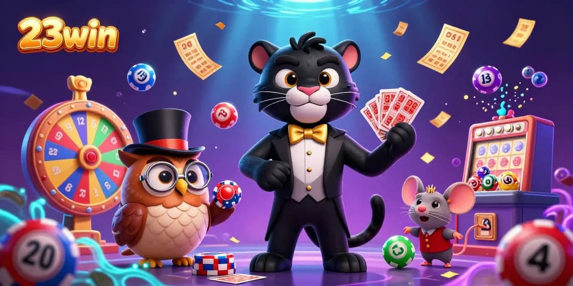 Join the fun at 23win with stylish characters celebrating dynamic casino games and vibrant action.