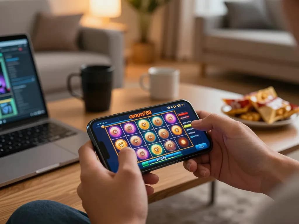 Bermain game slot aman788 di smartphone dalam pengaturan rumah yang nyaman, menampilkan grafis yang cerah dan hiburan santai