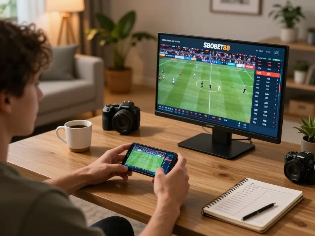 Pengguna SBOBET88 yang memasang taruhan di ponsel, menikmati pengaturan permainan di rumah yang nyaman dengan strategi taruhan.