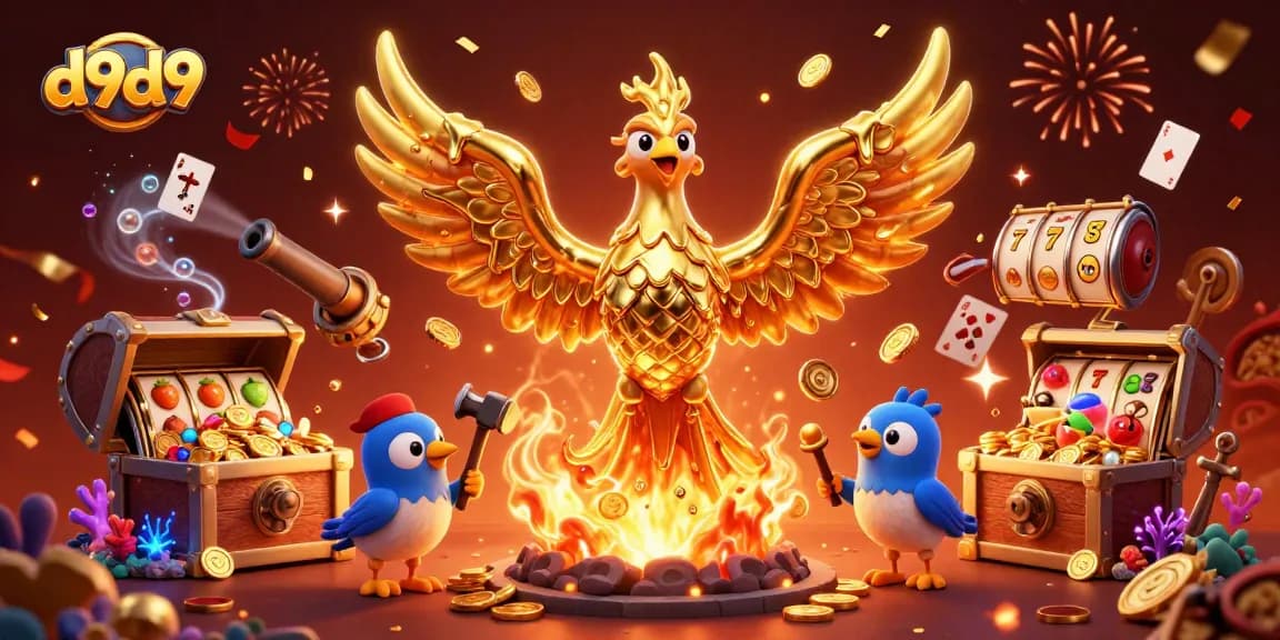 Magandang d9d9 na slot game na may gintong phenix at nakakaakit na simbolo ng prutas sa likuran.