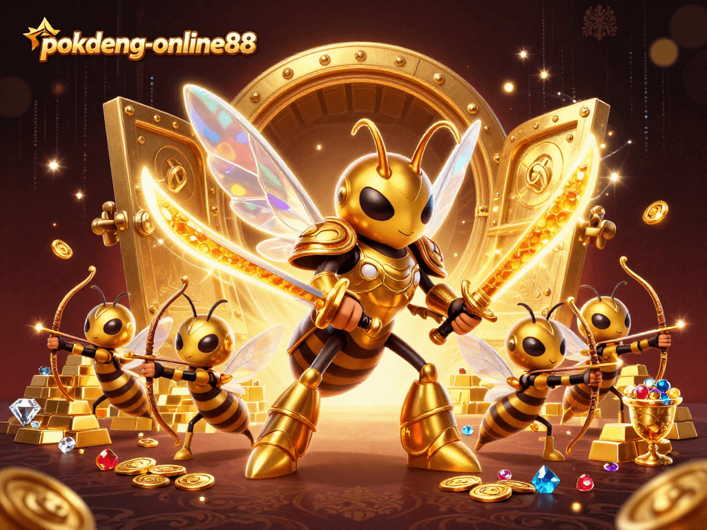 Experience thrilling gameplay at pokdeng-online88, featuring a dynamic action scene with gold and treasure elements.