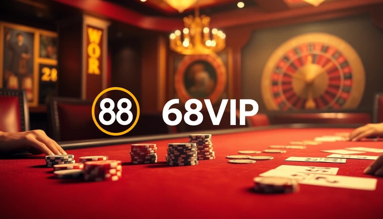 Exciting poker game at 68VIP casino with luxurious chips and cards in focus.