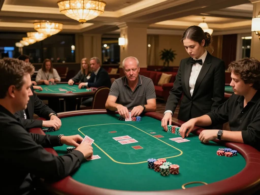 U888 poker players strategizing with stacks of chips in a luxurious casino environment.