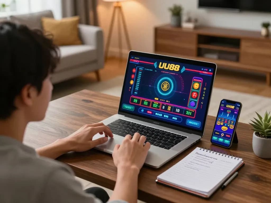 Engaged player betting on UU88 mobile app during cozy evening in warm living room
