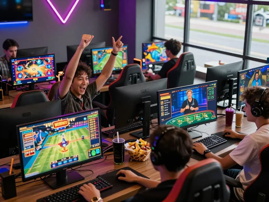 Players enjoying diverse games on OPEN888 in a vibrant gaming lounge setting full of energy and excitement.