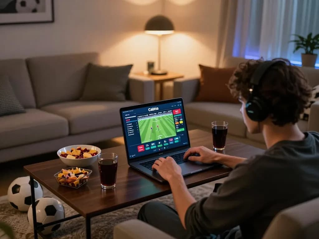Cakhia user placing bets on football matches during a live online gaming session at home.