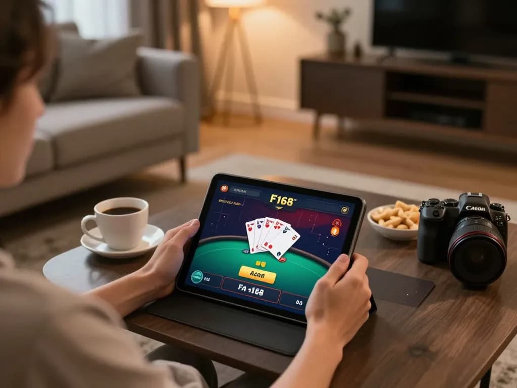 Setting up to play F168 online poker on a tablet at home with cozy ambiance