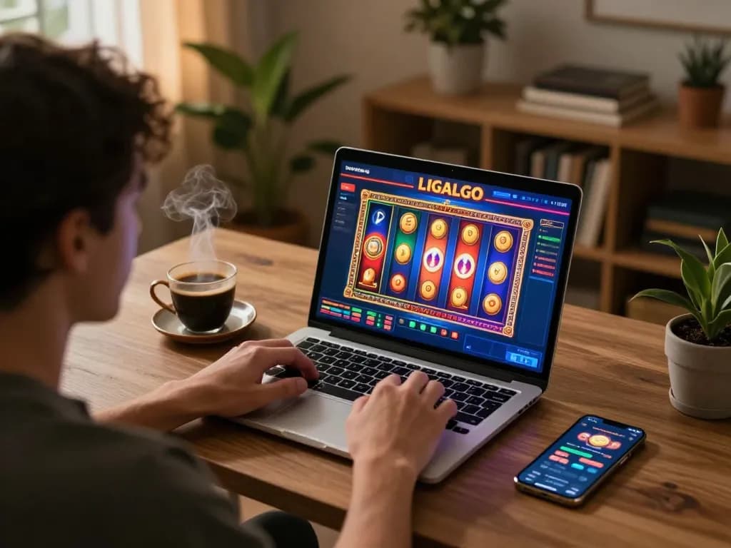 Player engaged with LIGALGO online slots on laptop, cozy home setup, immersive gaming experience